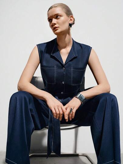 Aveloria Modichic Navy Blue Contrast Stitching Lapel Sleeveless Vest, Button Front, Drawstring Waist, Wide Leg Pants, Multi-Pocket Design, Crisp Smooth Fabric, Casual Workwear Style, Suitable For Daily Commute, Weekend Leisure, City Travel, Outdoor Activities, Office Casual Occasions, Showcasing Practical And Fashionable Elements. New Women's Belted Lapel Sleeveless Metal Buckle Decor Wide Leg Pants Casual Loose Slouchy Commuter Tie-Up Two Pieces Set