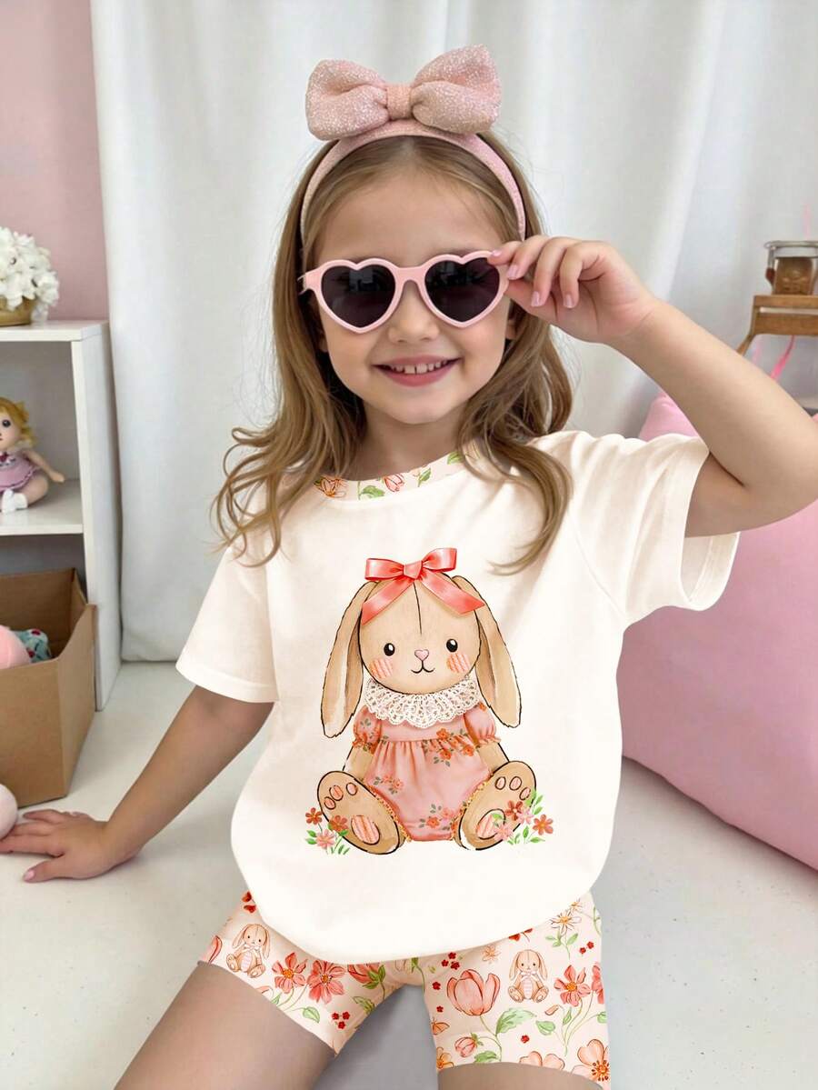 SHEIN Cremeweiß, süße 3D-Schleife, Ballett-Spitzenrock Hasen Illustration, frühlings-/sommerlicher Boho Blume Muster, Kleine Mädchen Lässig bequemes weiches weites Rundhals Kurzarm T-Shirt und enge Radlerhose, geeignet für Alltag, Urlaub, Festivals, Bauernhof, Outdoor, Picknick - Verschiedenfarbig - Übersicht 1