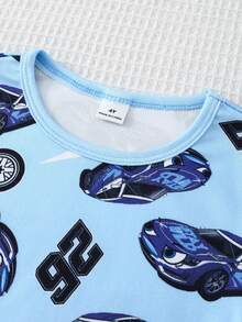 Conjunto de pijama infantil masculino minimalista com estampa de carro em desenho animado, manga longa, 2 peças, macio e confortável. - Azul - Ver 3