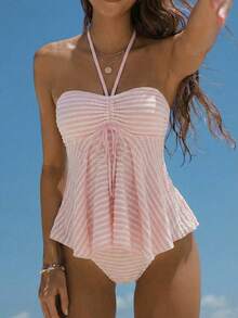 SHEIN Swim Mod 女士沙滩套装，浅粉色条纹纹理面料，无肩带细肩带，前抽绳设计，时尚休闲度假性感甜美可爱，女士泳衣套装，吊带比基尼 - 淺粉色 - 查看 2