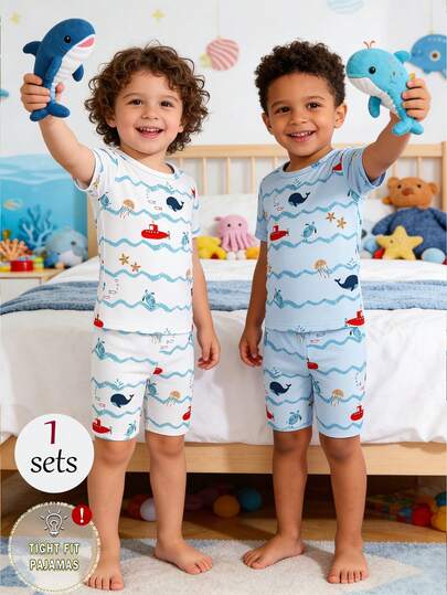 Bộ đồ ngủ 4 món cho bé trai, gồm áo tay ngắn và quần short dệt kim ôm sát, họa tiết hoạt hình và động vật dễ thương, thích hợp cho mùa xuân/hè.