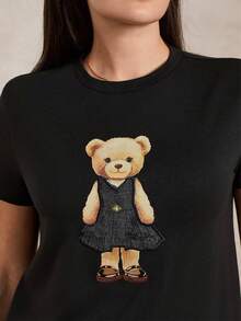 Briarwyn 夏季女士纯棉休闲小熊印花刺绣短袖T恤，夏季穿搭，女士度假装，复古风格，黑色T恤，可爱图案T恤，女士可爱T恤，女士可爱衬衫，女士T恤，女士图案T恤，小熊T恤，卡通T恤，女士可爱衬衫，女士T恤 - 黑色 - 查看 5