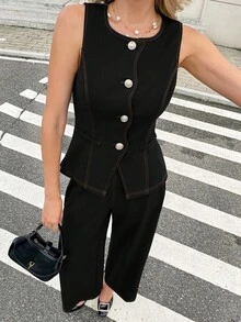 Serisse 女士夏季时尚通勤背心和裤子两件套 - 黑色 - 查看 5