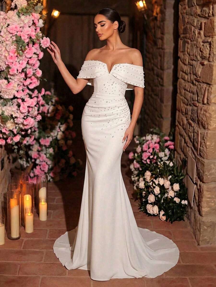 Glamrae Đầm trắng thanh lịch và quyến rũ cổ chữ V trễ vai, chất liệu dệt kim co giãn, xếp ly, dáng đuôi cá ôm sát, xẻ tà cao, thích hợp cho đám cưới, tiệc tùng, lễ tốt nghiệp, kỳ nghỉ, váy cưới. - trắng - Xem 1