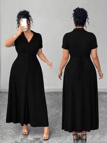 Elenzga Plus Size Women's Knit Short Sleeve Commuter Minimalist Polo Collar Waist Cinched Buttoned Design Brown Dress - Black - View 1
