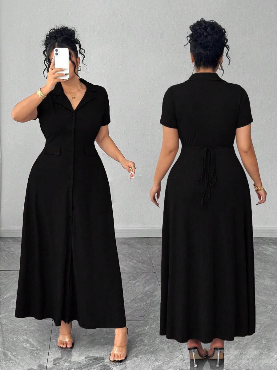 Elenzga Plus Size Women's Knit Short Sleeve Commuter Minimalist Polo Collar Waist Cinched Buttoned Design Brown Dress - Black - View 1