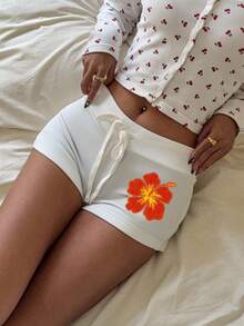SHEIN Comfortcana Quần short ôm sát màu đen, kiểu dáng tối giản, họa tiết giả ren đỏ, cạp chun, thích hợp cho kỳ nghỉ xuân/hè. - trắng - Xem 6
