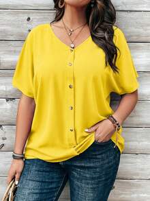 Rosumi Plus Size Women's Orange Button Embellished Short Sleeve Shirt For Spring - Pale Yellow - View 2