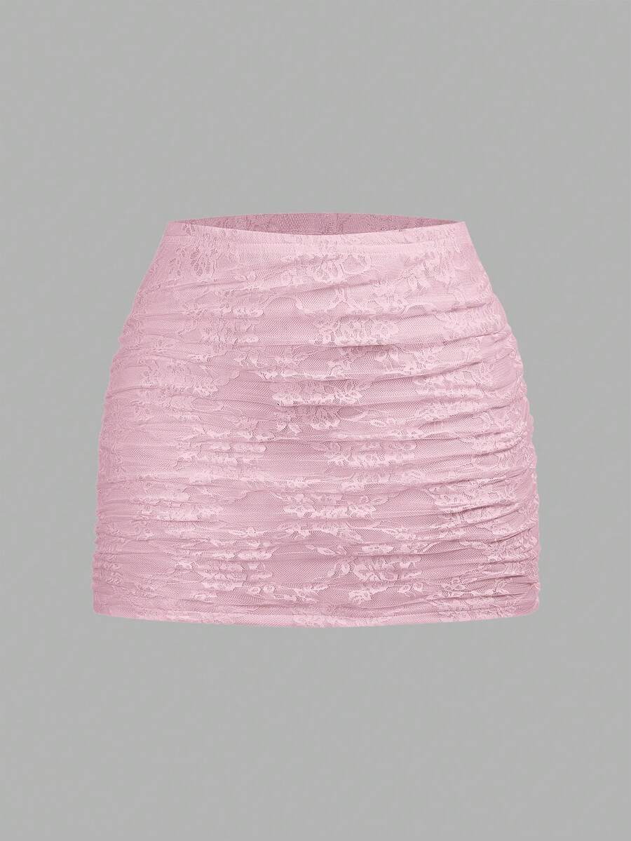 SHEIN EZwear 女士性感多层半透明白色花卉蕾丝修身长裙蕾丝褶皱裙粉色裙子粉色蕾丝裙粉色褶皱裙蕾丝裙迷你派对装扮裙女裙女裙 - 粉色 - 查看 1