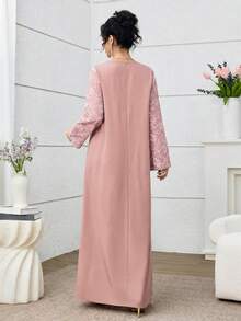 Al Najma 女士提花拼接优雅奢华阿拉伯传统长裙，2026新款穆斯林婚礼宾客礼服，最新款女士长袍，阿拉伯风格女士礼服，正式场合女士礼服，端庄优雅 - 粉色 - 查看 2