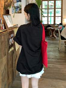 DAZY Women's Bow Print Round Neck Short Sleeve Casual T-Shirt - Black - View 2