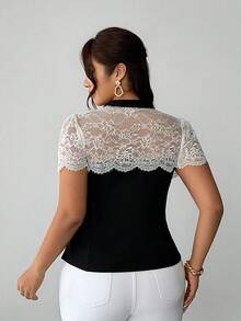 SHEIN Elenzya Plus Size Women's Elegant Delicate Romantic Lace Patchwork T-Shirt, Spring/Summer - Black and White - View 2