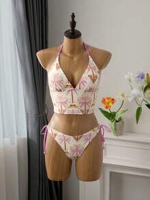 Bellisia New Women's 2-Piece Set, Skin-Friendly Fabric Random Print Halter Top And Side Tie Pants, Beach Vacation Swimwear Set, Spring/Summer - Multicolor - View 3