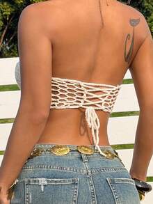 SHEIN EZwear 女士纯色流苏装饰抹胸针织毛衣 - 米色 - 查看 3