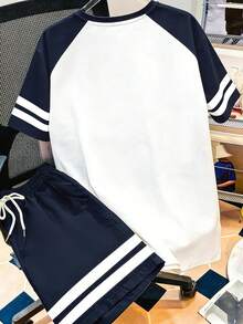 Manfinity Joysei 男士休闲撞色T恤短裤套装，夏季 - 彩色 - 查看 2