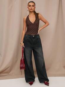 SHEIN BAE Áo kiểu yếm cổ yếm in chấm bi đen, thích hợp cho bữa ăn trưa, đi chơi, hẹn hò, đi làm, đi du thuyền, hoặc đi Ibiza. - Nhiều màu - Xem 3