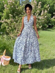 Selianne Boho Sleeveless Halter Tie Back A Line Flared Dress For Women With Blue Plants Pattern Fabric - Blue - View 3