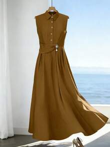 GlowEve Sleeveless Waist Gathered A-Line Elegant Romantic Detailed Women's Shirtdress - Khaki - View 5