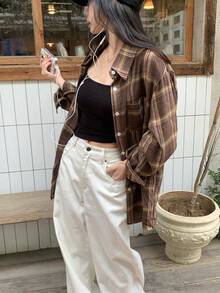 DAZY 女士格子印花纽扣长袖休闲衬衫 - 棕色 - 查看 7