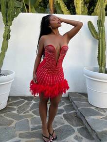 Tyla Gomez 女士水钻装饰深V领无袖迷你连衣裙，毛绒下摆，派对装 - 紅色 - 查看 3