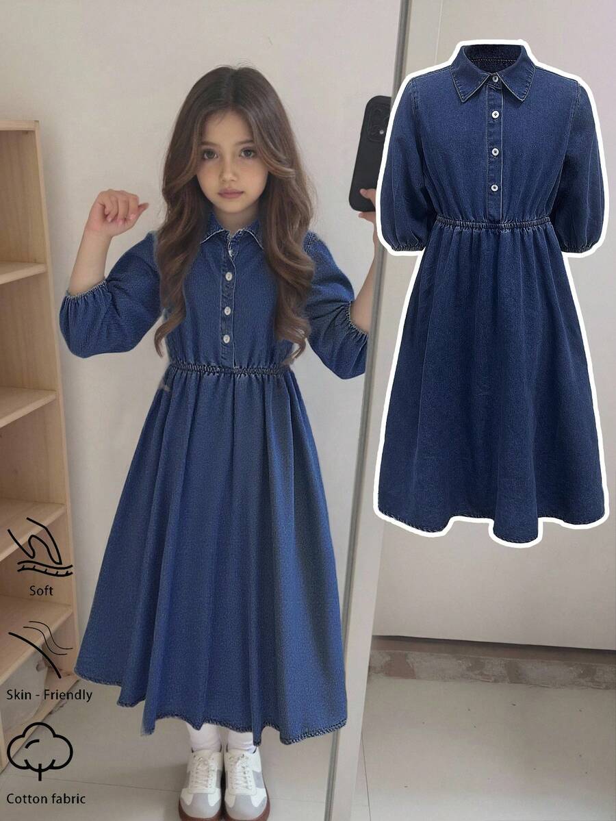 Đầm sơ mi cổ bẻ bằng vải denim xanh dành cho bé gái tuổi teen - Rửa tối - Xem 1