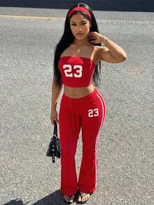 Slaydiva 2026春夏新款休闲街头风性感修身亮红色无肩带字母印花背心+高腰喇叭裤女装两件套。适合约会、情人节、日常出行、派对、辣妹装扮、夜店、休闲街头风、早午餐穿搭、机场穿搭、返校季、度假、节日、婚礼季、音乐节等场合。 - 紅色 - 查看 7