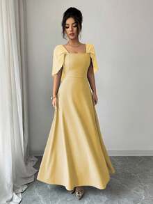 Modelyn Women's Square Neck Waist Gathered A-Line Long Dress, Elegant Romantic Everyday Wear - Yellow - View 4