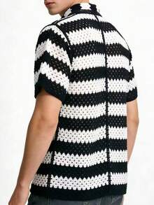Manfinity LEGND Áo khoác cardigan nam tay ngắn dệt kim kẻ sọc đen trắng, phong cách thường ngày, thích hợp cho kỳ nghỉ hè. - màu đen - Xem 2