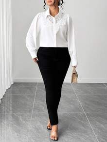 Elenzga Plus Size Women's Solid Color Contrast Lace Long Sleeve Single-Breasted Shirt Teachers' Day Semi Formal White Autumn Elegant - White - View 6