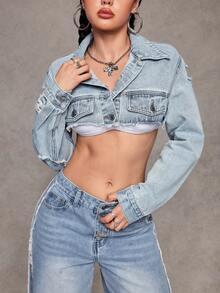 Jeanoix Women's Casual Washed Denim Super Short Jacket - Light Wash - View 4