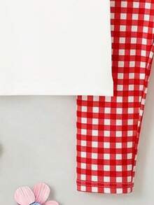 Souflis Souflis 2pcs/Set Baby Girl Outfit, Sweet & Cute Strawberry, Bow, Floral Print Short Sleeve T-Shirt And Red White Plaid Print Leggings, Suitable For Outings In Spring/Summer - Multicolor - View 3
