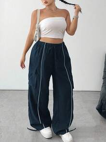 POPSWAY Pantalones cargo de talla grande con cintura elástica y cordón, con bolsillos y puños acanalados - Azul Marino - Ver 3