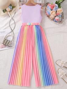 Bộ đồ cho bé gái tuổi teen gồm áo tank top không tay cổ tròn và quần ống rộng xếp ly nhiều màu sắc, thích hợp cho đi làm và mặc thường ngày, mùa xuân/hè. - Màu tím - Xem 2