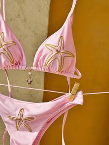 Swim Mod Embroidered Solid Color Tie-Up Bikini Set Bathing Suit Accessories Swimwear - Pink - View 4