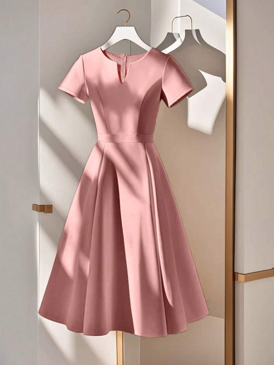 Franclia Women Elegant Commuter Solid Color Notched Neck Short Sleeve Midi Dress Softpink Qipao - Pink - View 1
