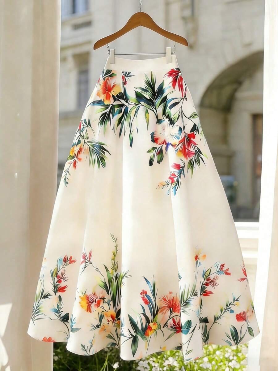 Franclia 女士花卉印花优雅时尚喇叭裙 - 米色 - 查看 1