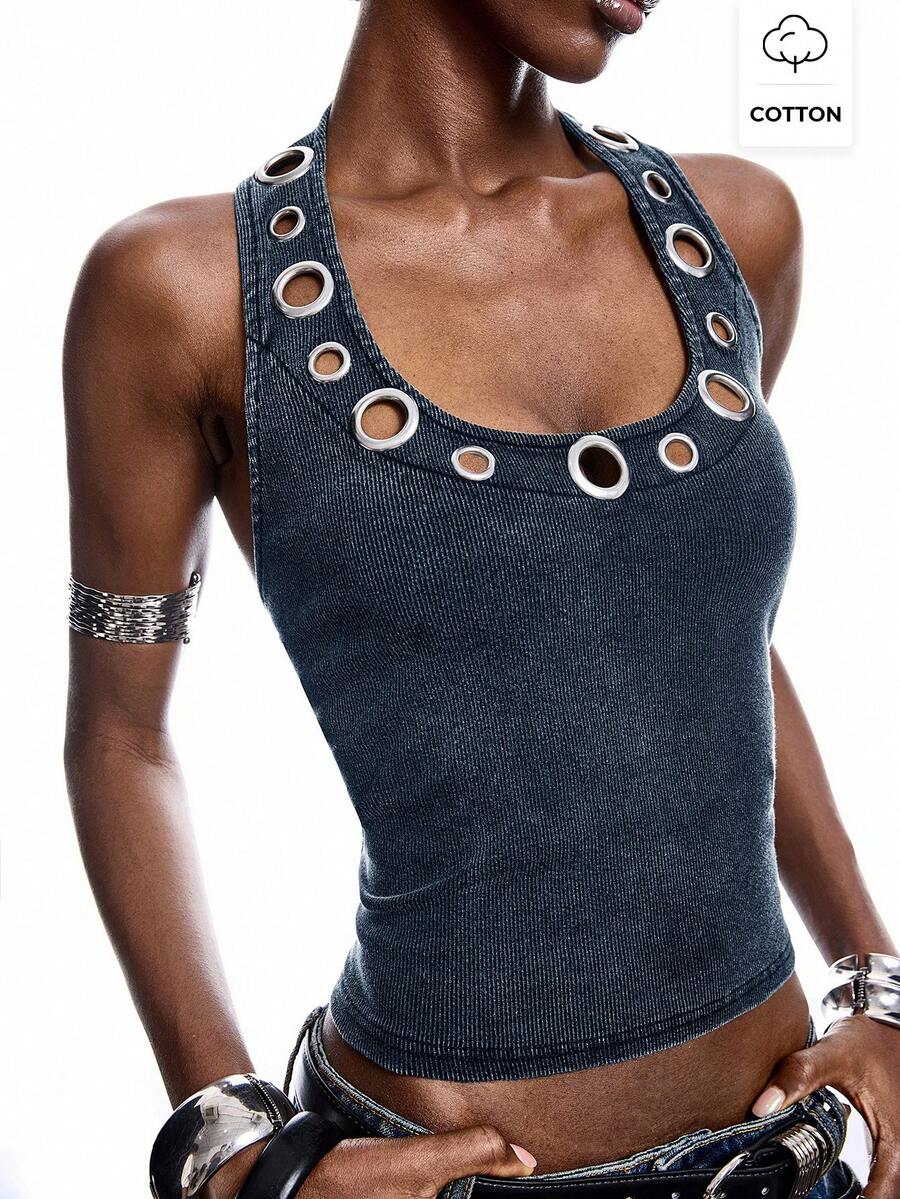 LYSMO Women's Hollow Circle Halter Backless Camisole - Blue - View 1