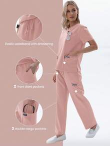 TaskEZ Women Scrub Set Top And Pants Seven Large Pockets - Pink - View 6