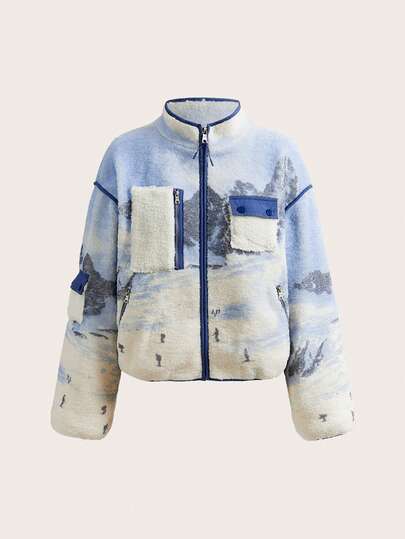 SHEIN Unity 印花山景图案拉链式抓绒外套，适合秋季、冬季滑雪度假、圣诞节休闲假日以及滑雪后在阿斯彭穿着。