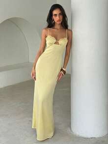 Aloruh Vestido elegante y romántico para cita/boda, vestido de satén sin espalda de color amarillo gris sólido con parches de encaje, amarillo crema - amarillo ganso - Ver 14