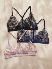 Charlaine Bộ 3 áo ngực không gọng, thiết kế ren, cài trước, thanh lịch và gợi cảm dành cho nữ (Đen + Xanh dương + Be) - Nhiều màu - Xem 2