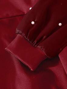 Girls' Elegant Minimalist Fashion Round Neck Raglan Long Sleeve Mesh Patchwork 3D Pearl Decor High Waist Solid Color Maxi Loose Jumpsuit, Suitable For Formal Occasions, Graduation, Party, Christmas, Wine Red - Burgundy - View 5