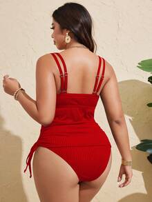 Swim Lushoire 大码女式纯色纹理面料露背休闲泳衣 - 紅色 - 查看 2