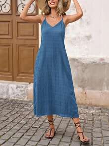 Brillora Urlaubs-Einfarbiges, gewebtes Spaghetti-Träger-Strukturiertes Midi-Kleid - Graublau - Übersicht 3