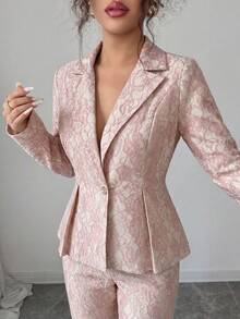 SHEIN Elenzya 女士复古皇家套装，包含外套和裤子两件套，蕾丝珍珠纽扣，长袖，适合约会、万圣节、返校季、Y2K、Grunge、春夏复古、职业装、教师装、节日、情人节等场合。 - 粉色 - 查看 4