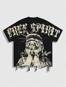 ROMWE MEN Street Life Men's Street Style Batwing Sleeve Graphic T-Shirt, Suitable For Everyday Wear, Spring/Summer - Black - View 1