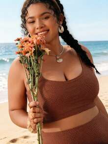 Swim Lushoire Plus Size Solid Color Bikini Set, Suitable For Beach & Vacation - Coffee Brown - View 3
