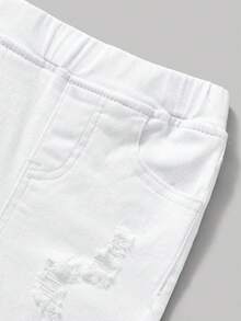 2pcs/Set Young BoyLoose Denim Vest & Ripped Elastic Waist Shorts Set - White - View 4