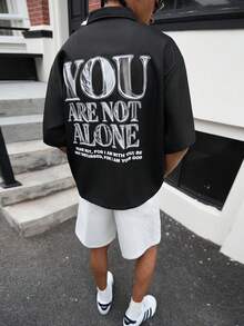 GALLERY FADE 1件男士宽松短袖衬衫，休闲宽松落肩短袖衬衫，年轻街头风，送给男友的礼物，休闲运动街头日常通勤返校度假穿搭，送给男友和老公的礼物，情侣装 - 黑色 - 查看 7