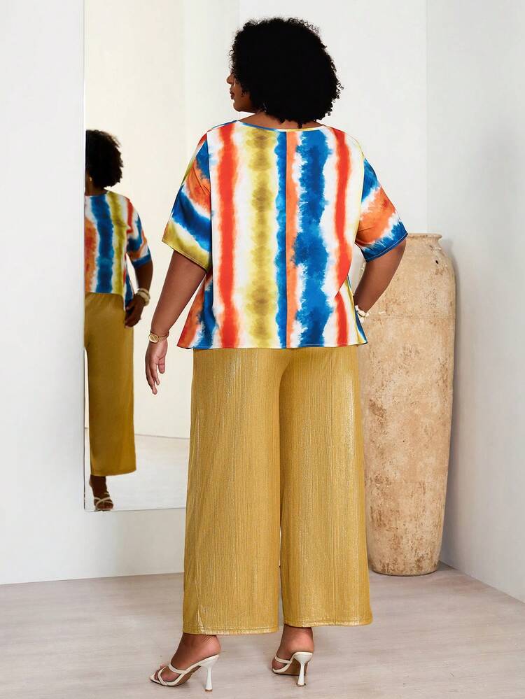 Plus Size Colorful Round Neck Top And Solid Color Pants 2 Pieces Set Women's Summer 2 Pieces Sets Women's Vacation Outfit Sets Women 2 Pieces Outfit Casual Women's Summer Two-Piece Sets Summer Outfits Summer Clothes Spring Dress Spring Outfit Women Spring Clothing Beach Vacation Outfits For Women Vacation Dress Bohemian Festival Outfits For Women Beach Outfits For Women